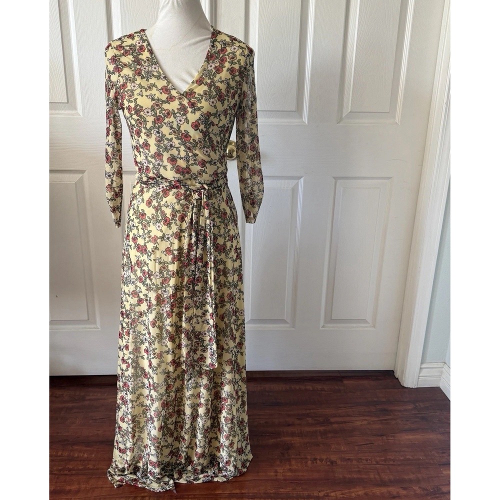 Floral Mesh Maxi Dress M Mock Wrap Sheer 3/4 Sleeve Cottagecore Allison Brittney
